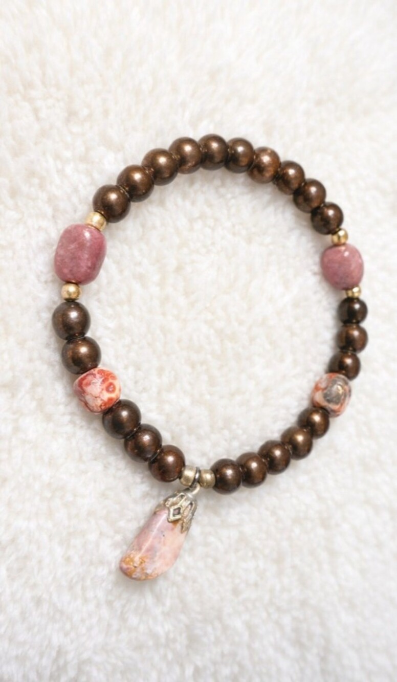 Pink and Brown Beaded Gemstone Stretch Bracelet